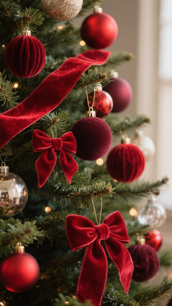 Closeup detail shot: a lush Christmas tree branch showcasing red velvet ornaments in varying tones—burgundy, cranberry, and cherry red—styled in odd-number clusters. Include velvet spheres, tied velvet bows, and a 2–3 inch wide red velvet ribbon woven in loose S-curves and tucked into the branches. Soft warm lighting that diffuses across the velvet for a cozy glow, contrasting against a mix of glass and metal ornaments deeper in the tree. Photorealistic texture emphasis on the velvet nap and light absorption, with a slight corner angle to show depth.