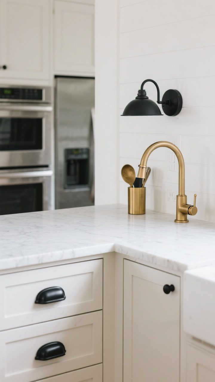 Closeup detail shot of a modern farmhouse kitchen corner showing mixed metals: matte black cabinet pulls on soft white shaker cabinets, a brushed brass pull-down faucet with magnetic dock over a white quartz countertop, and stainless steel appliances in the background as a neutral base; repeat the finishes twice—matte black hardware and a matte black sconce, brushed brass faucet and a small brass utensil cup—soft daylight, clean lines, no people, photorealistic.