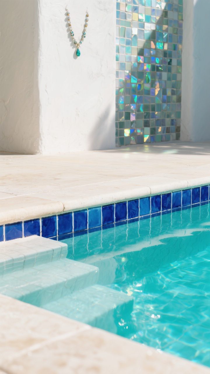 Closeup detail: Waterline tile and interior finish telling a story. Hand-cut zellige in deep cobalt accents set against creamy plaster for a Mediterranean vibe; adjacent area shows iridescent glass mosaics catching sunlight like jewelry. A contrasting waterline tile crisply defines the pool edge, with a tile run-out flowing seamlessly onto the first sun shelf step. Sunlit surface highlights matte vs. glossy textures, grout lines narrow and refined. Crystal turquoise water shifting color over white/light gray plaster, photorealistic.