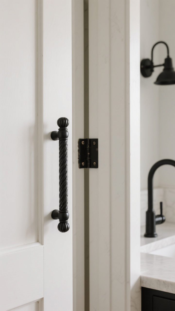 Closeup detail: White cabinet door with matte black bar pull and adjacent door with knurled black knob, plus an inset door showing exposed black hinge for vintage charm; coordinated black faucet and a glimpse of a black-finished sconce in the background for finish cohesion; neutral countertop edge visible; crisp, photorealistic lighting highlighting the tactile knurling and hardware proportions.