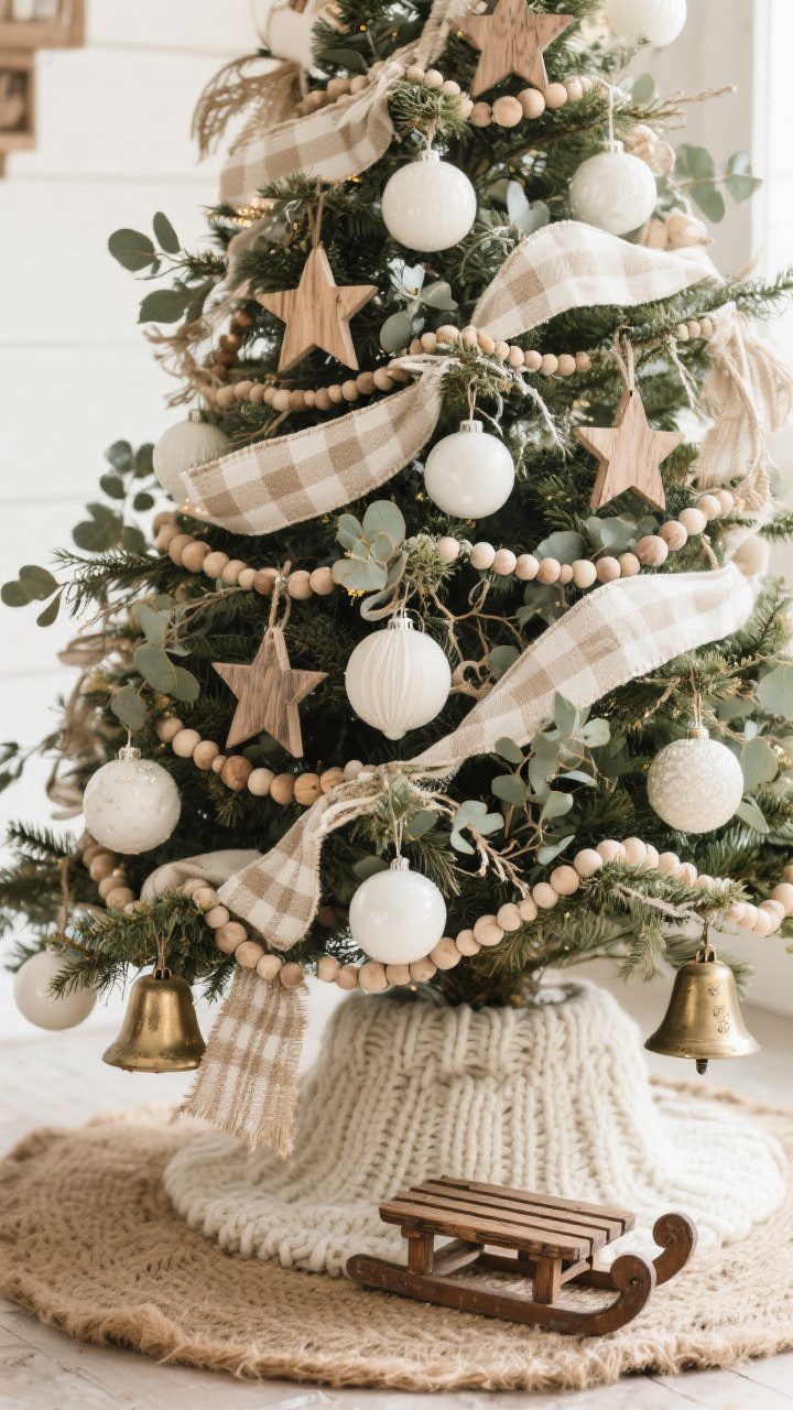 Closeup, straight-on shot of a farmhouse Christmas tree styled in soft neutrals: matte white and cream ornaments, natural wood ornaments, burlap ribbons tucked into the branches in wide cream and linen stripes, subtle plaid ribbon accents, wooden stars, tiny vintage-style sleds, and distressed brass bells. Add layered wood bead garlands intertwined with wispy faux eucalyptus. The base features a chunky knit or jute tree skirt. Lighting is soft and warm, with a cozy, lived-in mood; no glossy finishes—everything matte and textural.