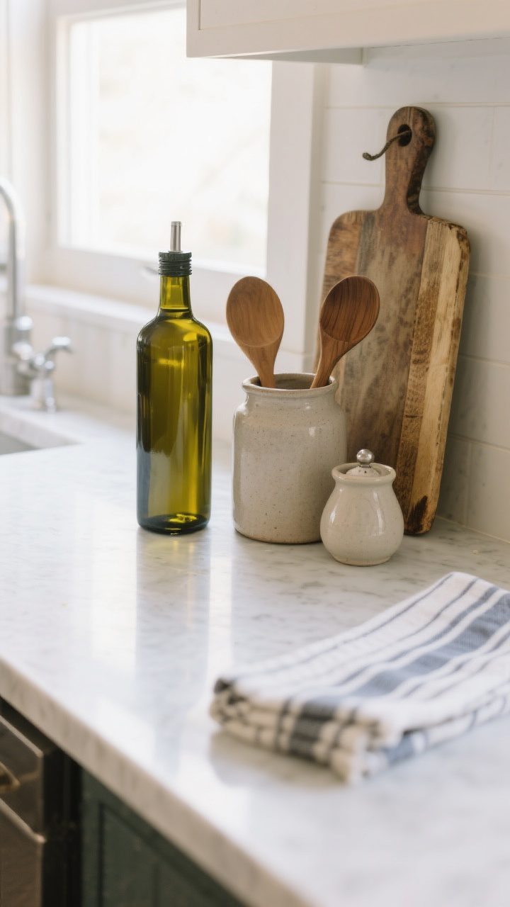 Closeup vignette of a curated countertop: white quartz surface with a grouped trio—tall olive oil bottle, medium stoneware utensil crock with wooden spoons, and a small ceramic salt cellar—beside a vintage bread board and a neatly folded striped linen towel; surrounding counters are clear; warm, natural window light for a calm, modern farmhouse mood.