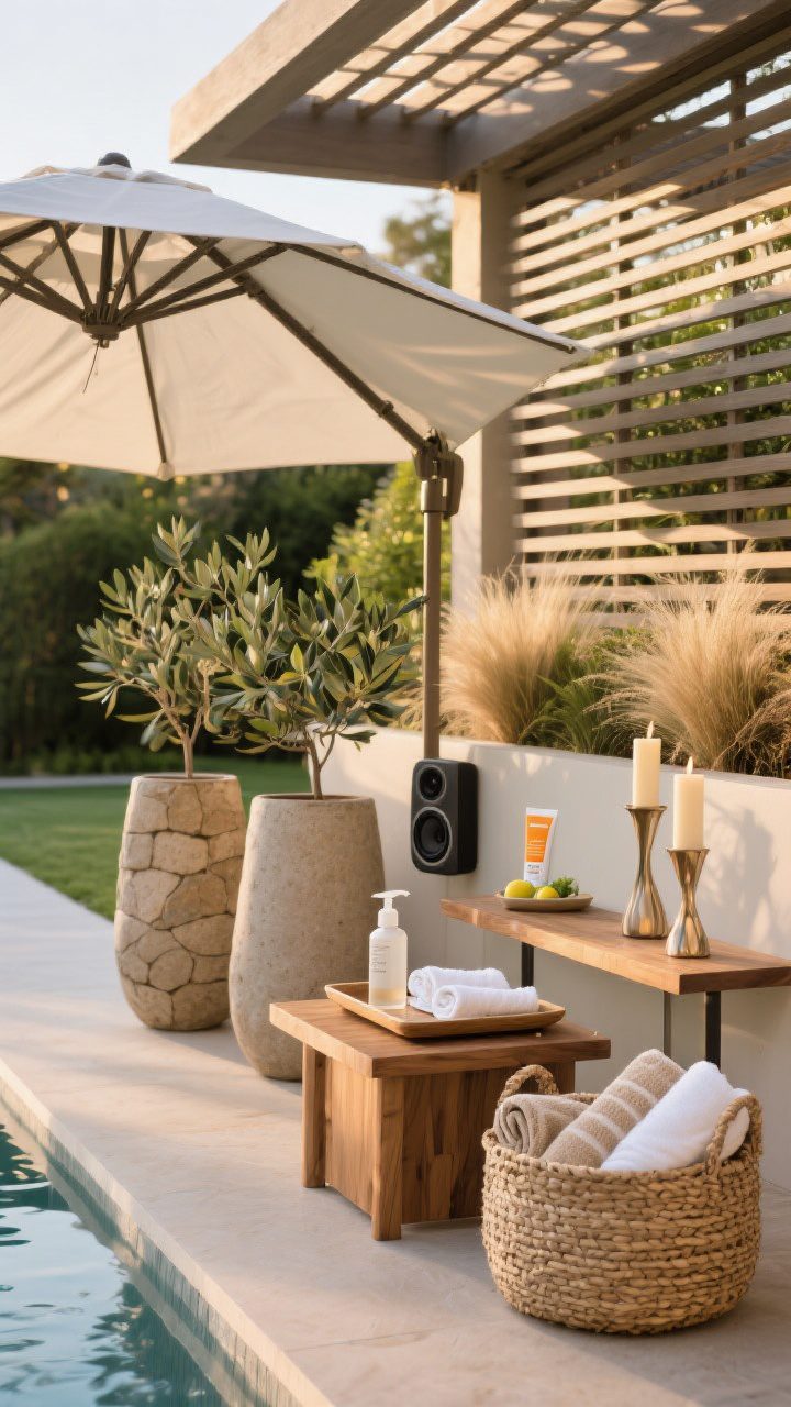 Closeup vignette: Styled poolside details that read luxe. An offset cantilever umbrella casting graphic shade over a teak side table holding a coordinated tray with SPF, a fine-mist sprayer, and folded hand towels. Nearby, oversized woven baskets house rolled Turkish towels in sand, stone, and white; a slim console holds sunscreen and citronella candles in sculptural holders. A slatted pergola’s adjustable louvers create dynamic light patterns behind a pair of matching planters in varying heights, planted with an olive and soft grasses. Discreet outdoor speaker nestled in greenery. Warm, late-day ambiance, photorealistic.