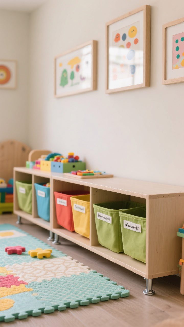 Detail/closeup: A kid-friendly playroom vignette showing Montessori-style low shelving with labeled bins in colorful tones, a thick spill-friendly foam play mat with subtle pattern, neutral wall in the background with playful framed art, and a cheerful rug providing color pops; anchored furniture brackets subtly visible for safety; soft, even lighting highlighting textures designed to grow with kids.
