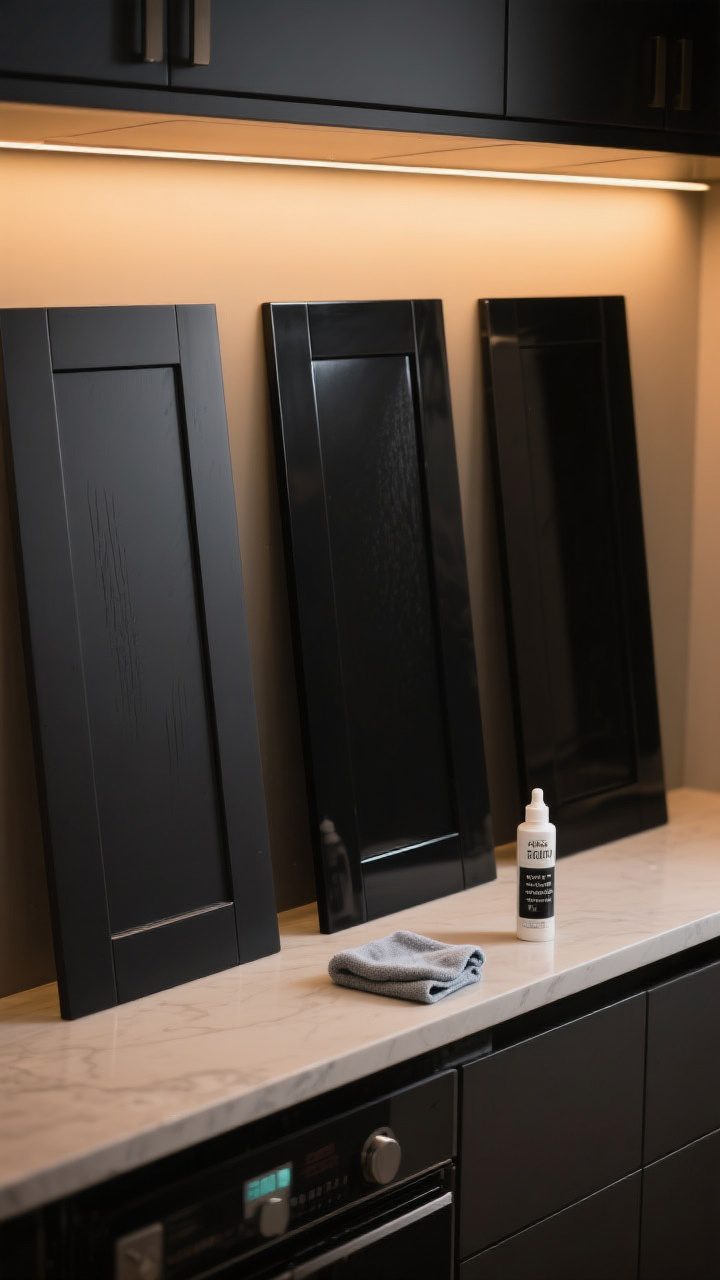 Detail closeup: A lineup of three black cabinet sample doors on a counter under warm kitchen lighting (2700–3000K), photographed from a slight overhead angle. Show satin, matte, and semi-gloss finishes side by side on identical slab fronts, with subtle fingerprints visible on the glossier sample. Include a small bottle of ceramic coating/topcoat and a microfiber cloth to hint at maintenance testing.
