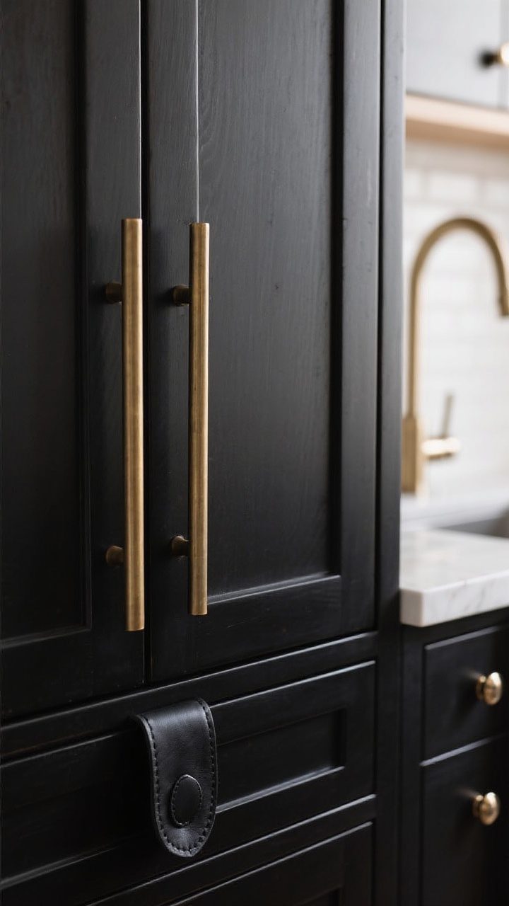 Detail closeup: Cabinet hardware on matte black shaker doors, straight-on macro perspective. Show brushed brass long pulls on tall pantry doors, matte black pulls on lowers for tone-on-tone, and polished nickel knobs on uppers; include a leather pull on a single drawer for texture. Repeat the chosen metal finish on a nearby faucet edge blurred in the background for cohesion.