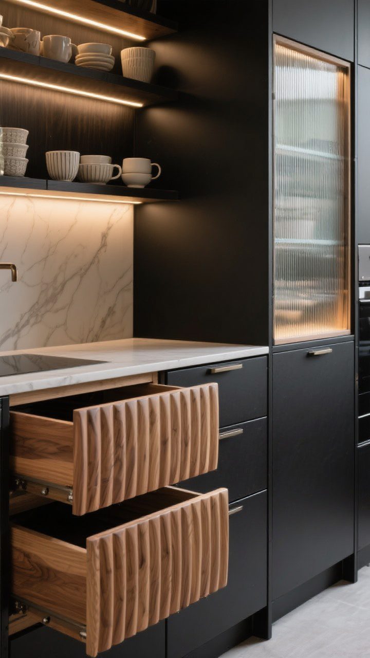 Detail closeup: Fluted oak drawer fronts on a kitchen island beside smooth matte black perimeter cabinets, with a reeded glass cabinet door nearby. Warm LED strip lighting softly illuminating neatly styled shelves behind the reeded glass (ceramic cups and bowls, no clutter). Emphasize texture contrast between fluted wood, reeded glass, and matte black; tight angle, luxurious, photorealistic.