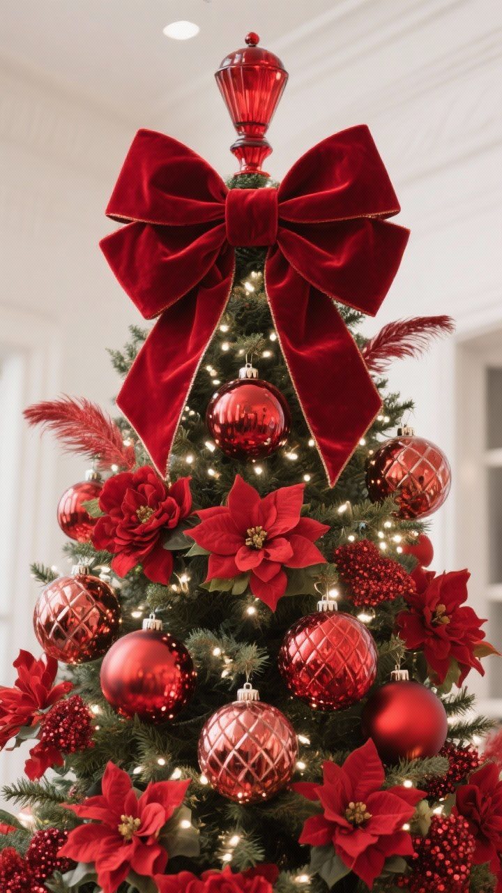 Detail closeup from a low upward angle: a dramatic red statement topper at the crown—either a structured multi-loop red velvet bow with long tails draped into the tree, or a tall vintage-glam red glass finial—surrounded by clustered red florals (poinsettias, peonies, or magnolias) cascading slightly down the front. Show 3–5 oversized hero ornaments (quilted glass globes or mercury-glass finials) placed slightly deeper in the middle third, with a few red feather or sequin sprays for movement. Warm white twinkle lights layered deep inside and on the outer layer for a glow-from-within effect. Photorealistic glass reflections and velvet texture emphasized.