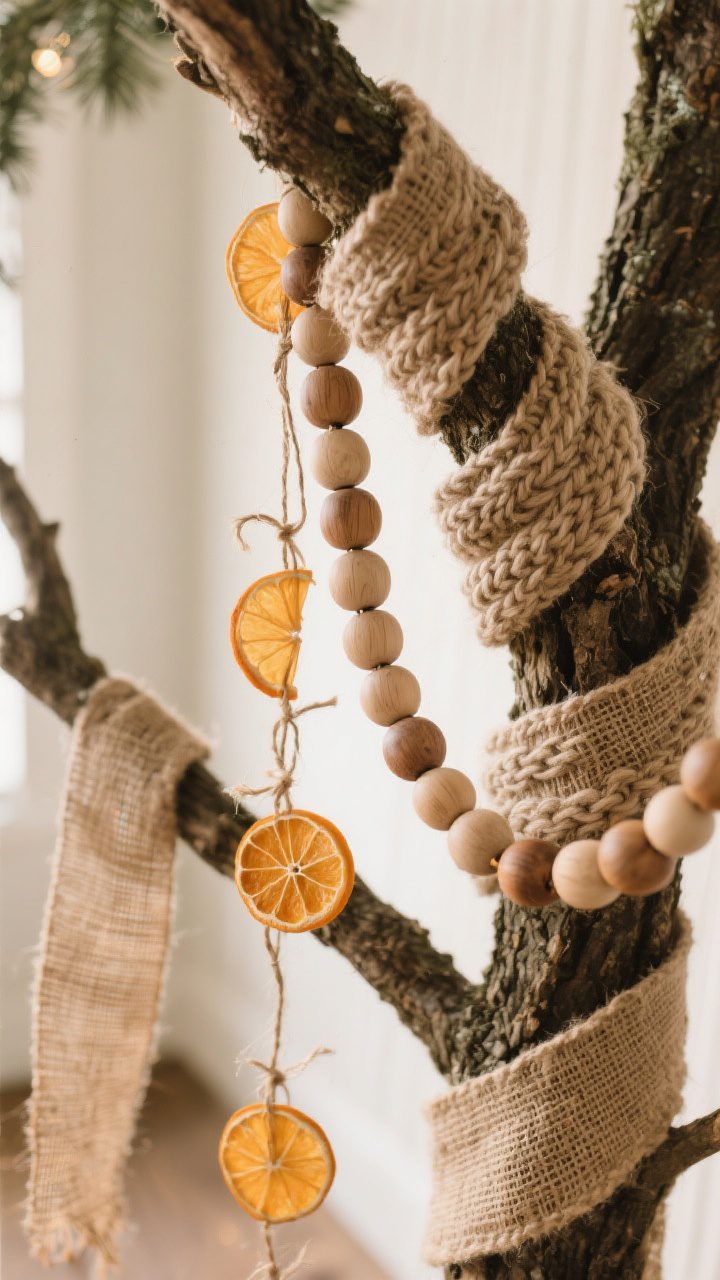 Detail closeup, layered garlands on a farmhouse-style tree: loosely woven chunky knit or burlap ribbon spiraled through branches, paired with natural wood bead garlands; additional strand of dried orange slices threaded with twine for a subtle warm pop; focus on textures—burlap fibers, matte wood beads, translucent citrus; shallow depth of field; warm ambient light, no tinsel; corner angle capturing the layered effect and handmade, earthy feel.