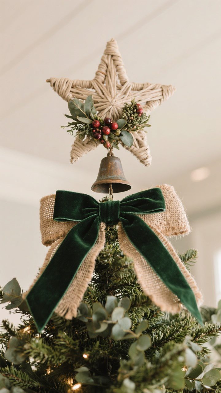 Detail closeup of an understated topper: a woven neutral star paired with a rustic bell cluster tied with a deep green velvet ribbon, or a simple burlap bow; include option of a petite eucalyptus-and-berry wreath topper feel; ensure the topper is proportionate to a medium-tall tree—balanced, not flashy; soft warm lighting catching natural fibers and metal patina; upward angle from just below the tree crown.