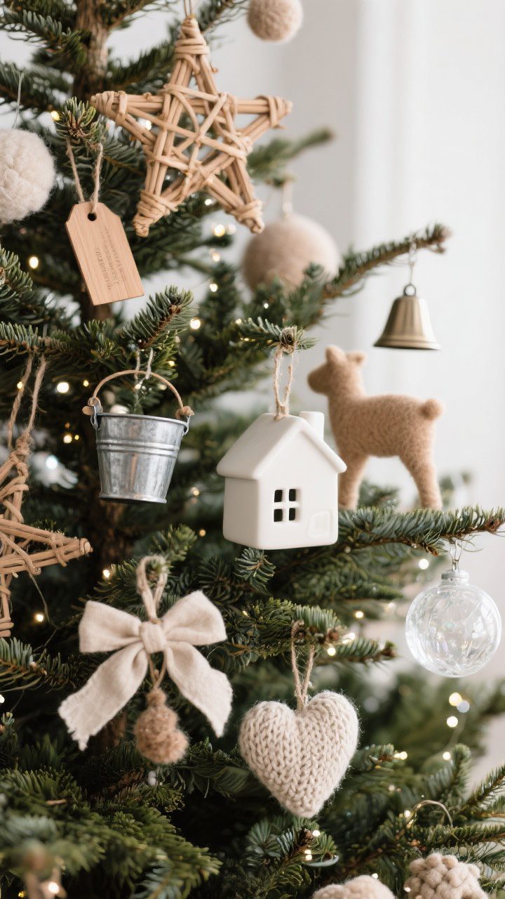 Detail closeup of ornament textures on the tree: a mix of wood and rattan stars, a galvanized metal bell and mini bucket tag, white ceramic house, felted animal, linen bow, knitted heart, and a clear frosted glass ball; larger pieces placed deeper toward the trunk for dimension and smaller ones nearer the tips; zero glitter; warm white light glows between needles; focus on rough vs smooth, matte vs gentle shine; angled view to emphasize depth layering.