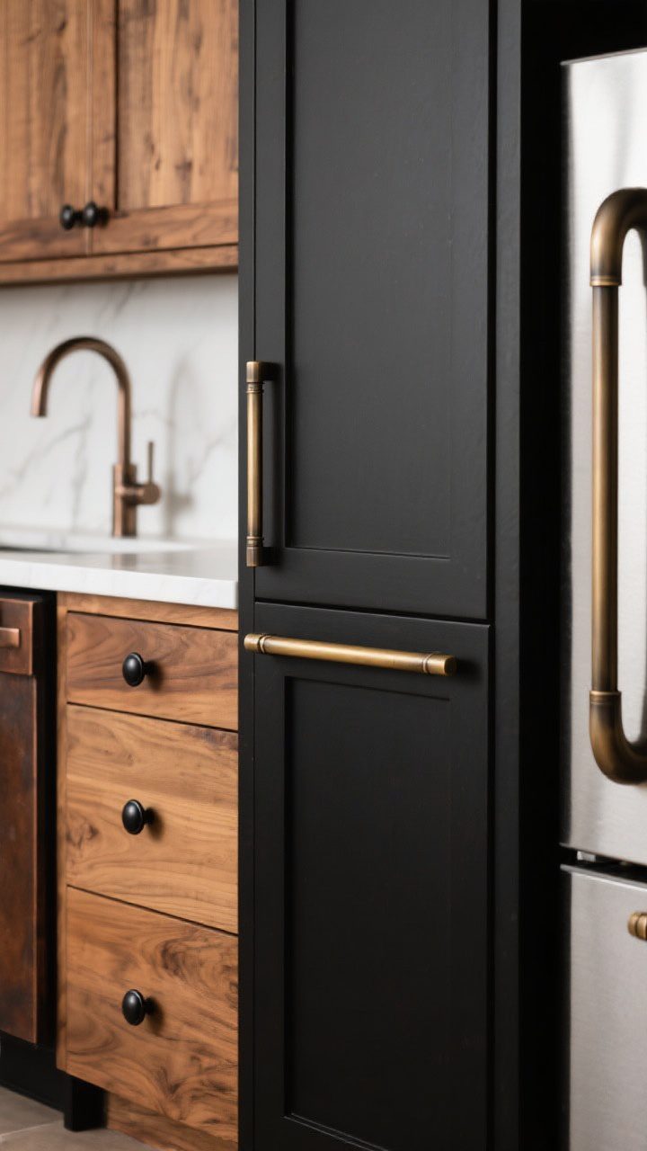 Detail closeup, straight-on: Cabinet hardware combinations on black and wood fronts. Brushed brass pulls on matte black doors, matte black knobs on warm wood drawers, and an oil-rubbed bronze option nearby. Include a long 10-inch pull on a tall door to show scale and an appliance pull on a panel-ready fridge. Soft, directional light to reveal metal finishes; faucet finish in the background harmonizing, not perfectly matching.