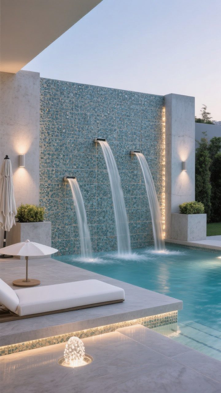 Detail/feature shot, straight-on: A modern raised feature wall clad in textured zellige tile with multiple narrow spillway scuppers creating clean, sheet-like descents into the pool. Thin blade fountains arc elegantly with subtle LED backlighting for evening glow. Sun shelf in the foreground with a single bubbler rippling water next to a white ledge lounger and an umbrella sleeve. Fluted concrete side pilasters with small planter niches holding structured greenery soften hard edges. Dusk lighting, variable-speed flow implied by gentle cascades, photorealistic.