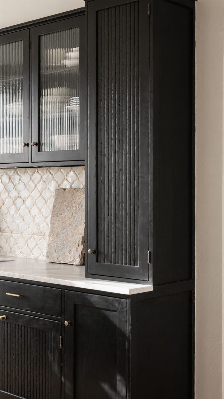 Detail shot: A textured composition featuring a ribbed/reeded panel on a black island end cap, shaker-front black cabinet doors creating soft shadow lines, and a pair of uppers with fluted glass revealing blurred dishware. Background includes an off-white handmade Zellige tile backsplash catching light, with a large-format stone slab sample leaned nearby for added pattern context.