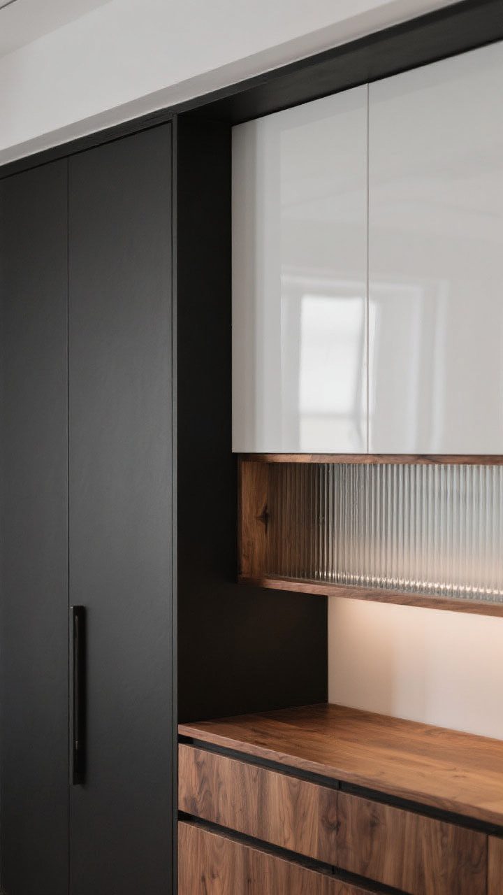 Detail shot: Closeup of mixed materials—matte black lower cabinet door next to a glossy white upper door showing sheen contrast; edge of an oak or walnut open shelf and a ribbed glass upper front catching light; intentional repetition of materials, textures layered for warmth; soft directional light grazing surfaces to reveal matte vs gloss and wood grain; tight framing on textures.