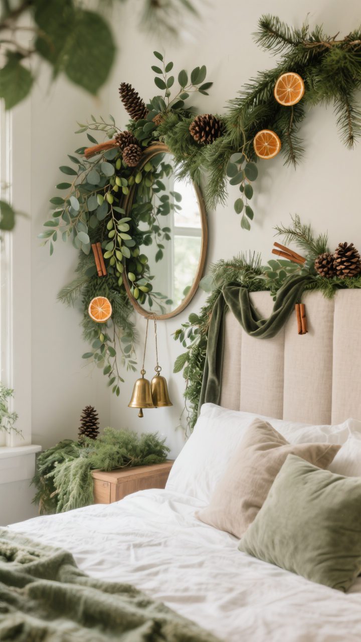Medium corner-angle shot of layered natural greenery throughout a serene bedroom: realistic cedar and pine garlands draped over a headboard and mirror, mixed with olive and eucalyptus stems for depth. Tuck in pinecones, dried orange slices, and cinnamon sticks as natural accents. Add linen or velvet ribbon tails, and a slim swag with two brass bells hanging beside the bed. Keep the palette muted greens and warm neutrals, with gentle morning light for a calm, cozy feel and no plastic-looking foliage.