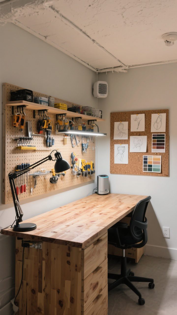 Medium/overhead hybrid: A creative basement studio/workbench zone with a butcher-block counter work surface, pegboard wall organized with tools on rails and magnetic strips, adjustable clamp lamps providing focused task lighting, and an inspiration area with cork tiles and pinned sketches and swatches; neutral walls, utilitarian yet beautiful aesthetic; small desktop air purifier visible for better ventilation.