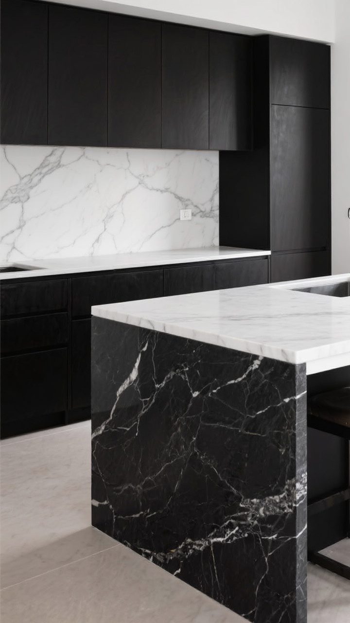 Medium shot: A black cabinet run with two counter styles showcased. On the perimeter, high-contrast white quartz with subtle gray veining; on the island, a dramatic black soapstone-look quartz waterfall edge. Include a simple, light backsplash for the perimeter and keep styling minimal to highlight the counters’ statement versus moody contrast.