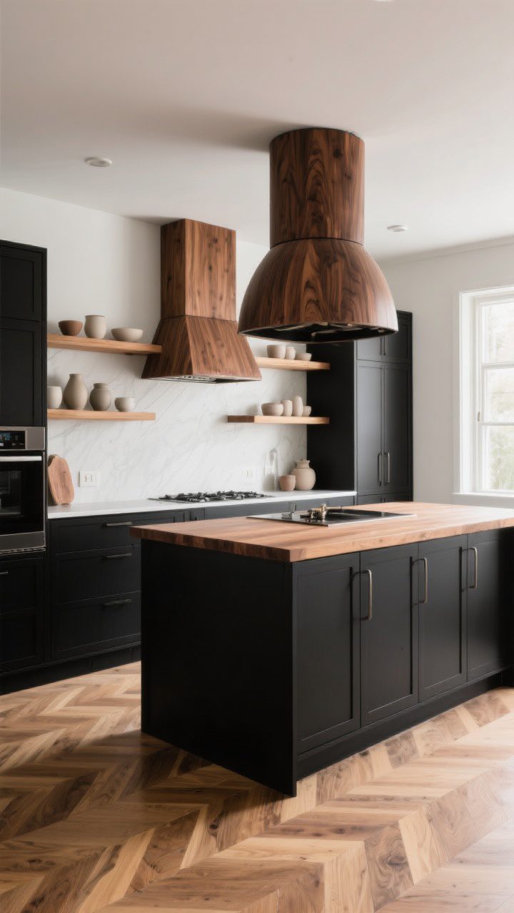 Medium shot: A black kitchen island with a warm butcher block counter, flanked by matte black flat-panel cabinets. Add floating warm white oak shelves holding simple ceramics, and a walnut-wrapped range hood as a focal point. Include a herringbone wood floor for texture and warmth; soft morning light grazes surfaces to enhance grain and contrast.