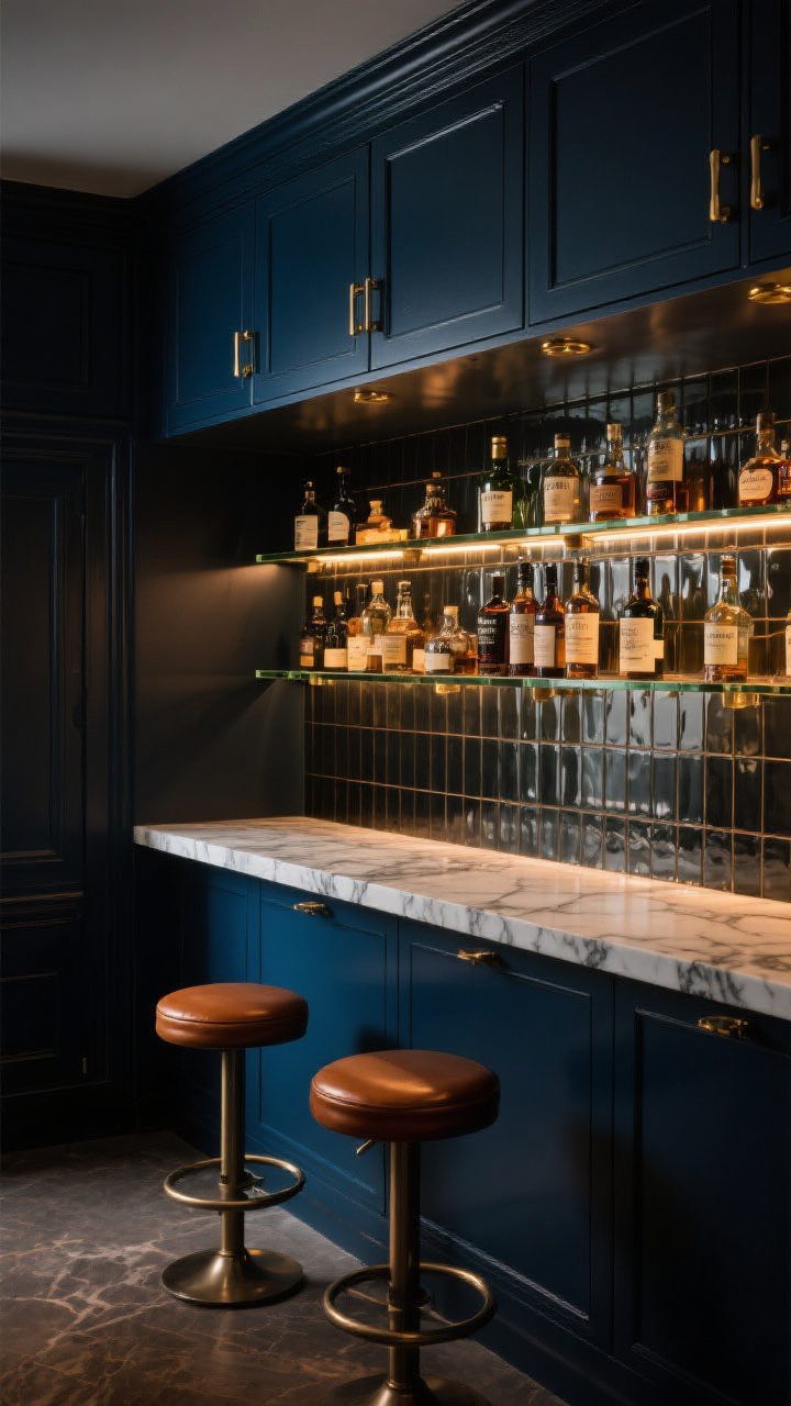 Medium shot: A moody speakeasy-style basement bar wall with deep, dark glossy navy cabinetry, brass hardware, and a marble-look veined counter; back-bar display of floating glass shelves with hidden LED strip lighting making bottles gleam; a statement backsplash in smoked mirror tile reflecting warm light; two slim swivel counter stools in cognac leather; overall dramatic, intimate lighting with soft shadows.
