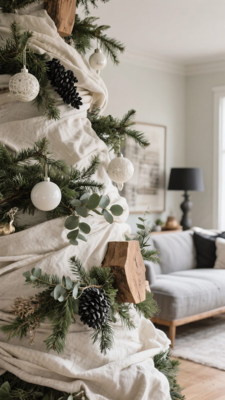 Medium shot, a section of the tree styled with a neutral, nature-first palette: creamy whites, linen, soft gray, and warm wood tones as the base; accents in evergreen, matte black, and a touch of eucalyptus green; demonstrate one combo like “Classic rustic”: ivory ornaments, warm wood elements, evergreen branches, matte black touches; background decor in coordinating tones; soft, diffused warm lighting to keep colors cohesive; straight-on framing to show the tight palette.