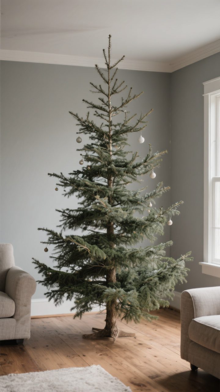 Medium shot, a single Christmas tree with a slightly sparse, natural silhouette in a cozy farmhouse living room; choose a fir or spruce appearance with visible gaps between branches, mixed-length needles, and a realistic trunk; height generous but not overwhelming; neutral backdrop with warm wood floors and soft gray walls; no ornaments yet, just the tree showing irregular, authentic shape; soft natural daylight from a side window highlighting the layered texture of branches; photorealistic, straight-on view emphasizing “not too perfect, not too polished.”