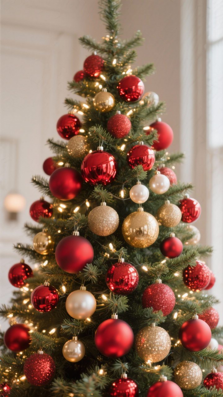 Medium shot: a styled Christmas tree section demonstrating a balanced mix of finishes in red ornaments—40% matte anchored inside the branches, 30% satin/pearl mid-layer, 20% high-gloss and 10% glitter catching the outer lights. Vary sizes: 2-inch, 3-inch, and a couple of oversized 5-inch pieces placed toward the middle for depth. Pair with brushed gold and champagne metallic accents. Use warm white or cool white lights appropriately glowing through the tree, with shiny reds placed on outer tips to reflect. Straight-on perspective for clarity and photorealism.