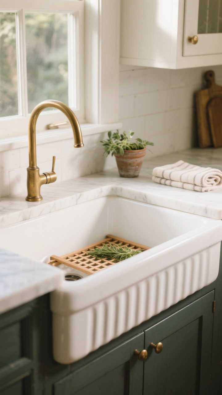 Medium shot centered on a statement farmhouse sink: a white fireclay apron-front sink with a slim, fluted face, set into white quartz counters, paired with a brushed brass pull-down faucet; a wood grid rack sits in the basin; nearby, a small pot with herbs and a folded linen towel; warm, indirect daylight for a fresh, functional-art feel.