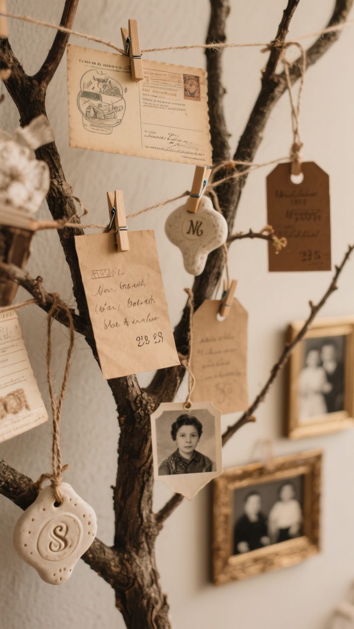 Medium shot focusing on vintage and handmade story elements nestled among branches: vintage postcards and recipe cards clipped with mini clothespins, salt dough ornaments stamped with dates/initials, kraft paper handwritten tags with twine and names, and tiny black-and-white family photos in mini frames; tree background remains neutral and natural; warm, cozy light; slight vignette to draw attention to the sentimental pieces; side angle for a collected-not-curated vibe.