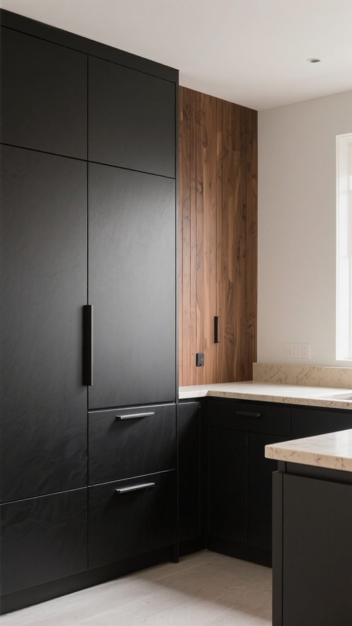 Medium shot from a corner angle: Slab-front black and wood cabinets with integrated pulls and some push-to-open doors, ultra-clean lines. Vertical grain on tall pantry panels to visually stretch the space. Soft-touch matte black fronts paired with a warm-toned creamy quartz countertop. Simple styling, no visible hardware clutter, diffuse daylight for a calm, magazine-clean look.