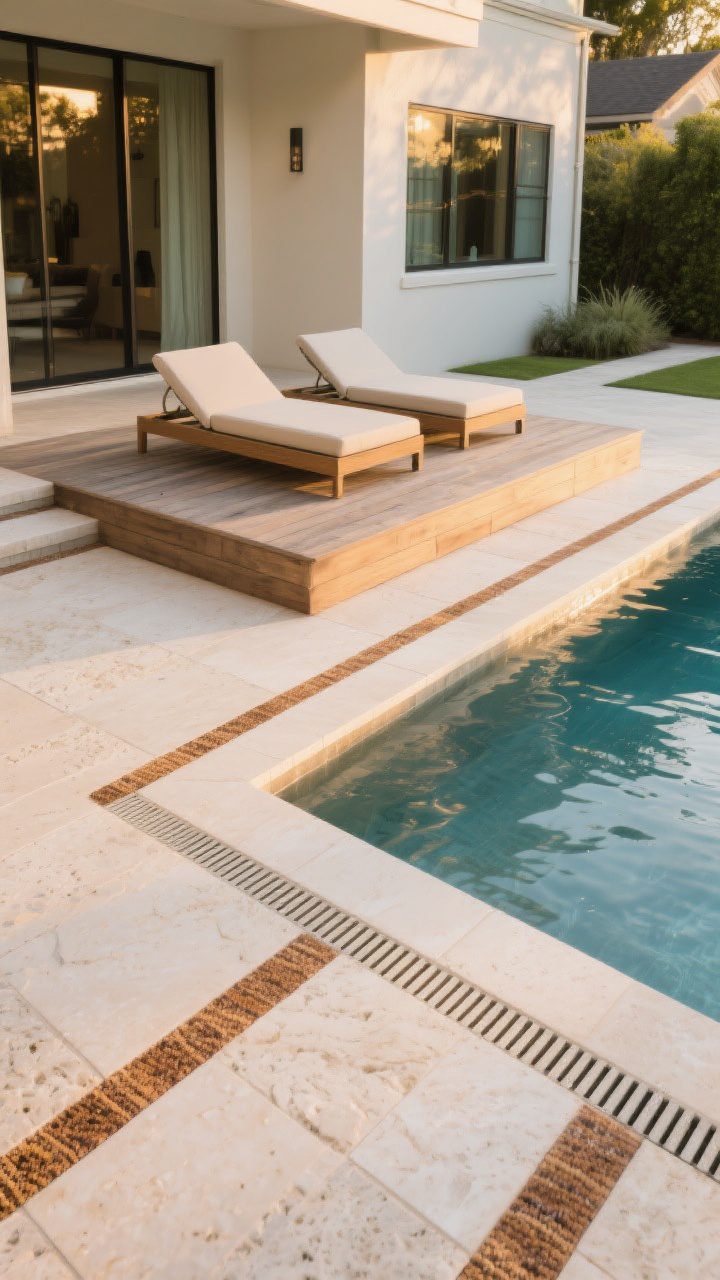 Medium shot from a corner angle: Upgraded pool decking featuring creamy travertine pavers with inset strips of Ipe wood forming a “rug” zone near the water. A raised platform decked in weathered composite hosts a pair of low-profile loungers. Large-format porcelain pavers extend toward the house for a sleek, cohesive tone matched to the home’s exterior. Subtle non-slip finish visible on surfaces, and linear drain/French drain slots discreetly integrated along an edge to prevent puddles. Soft golden hour lighting, chic resort vibe, photorealistic.