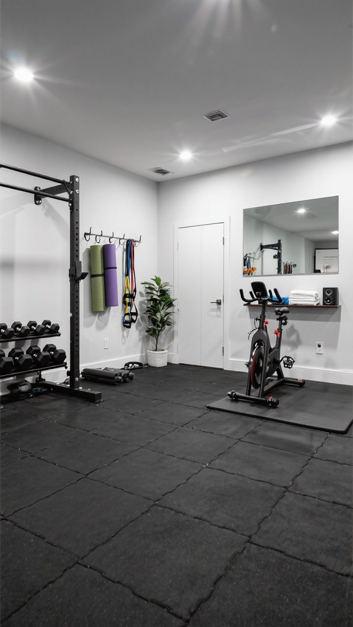 Medium shot: Functional basement home gym with interlocking black rubber flooring tiles, a strength rack and neatly arranged dumbbells, a cardio corner with a compact bike, a mobility mat zone; full-length wall mirrors bouncing bright high-CRI light from recessed fixtures; wall-mounted hooks organizing resistance bands and yoga mats, a slim cabinet for towels and tech, a small speaker shelf and a single faux plant to soften the space, clean and motivating.