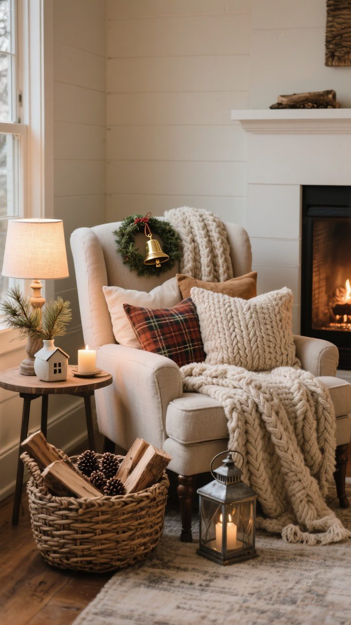 Medium shot of a cozy reading nook with layered textures: a neutral armchair draped with a thick throw blanket, a mix of cable-knit, sherpa, and linen pillows in warm neutrals plus one festive plaid pillow. Clip a small brass bell or mini wreath to the back of the chair. By the fireplace, a woven basket holds logs, pinecones, and a metal lantern for cabin vibes. Include a small side table vignette with a ceramic house, a bud vase of cedar, and a candle. Soft lamp glow and evening warmth, no clutter, inviting and nap-worthy.