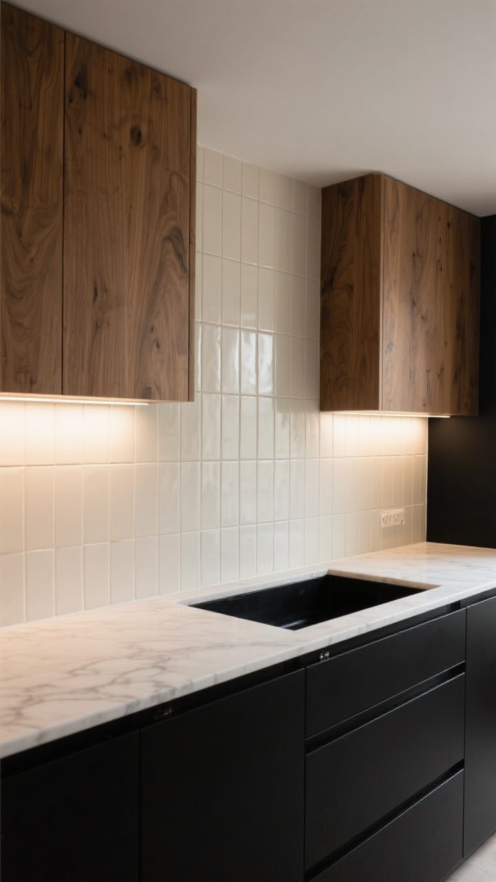 Medium shot of counters and backsplash from a slight overhead angle: Black lower cabinets with wood uppers paired with light creamy white quartz countertops (faint veining) and a high-contrast backsplash of off-white zellige tile run vertically behind the range up to the ceiling. Thin, color-matched grout lines. Warm white under-cabinet LEDs (2700–3000K) bouncing light, creating a bright yet moody-balanced feel.