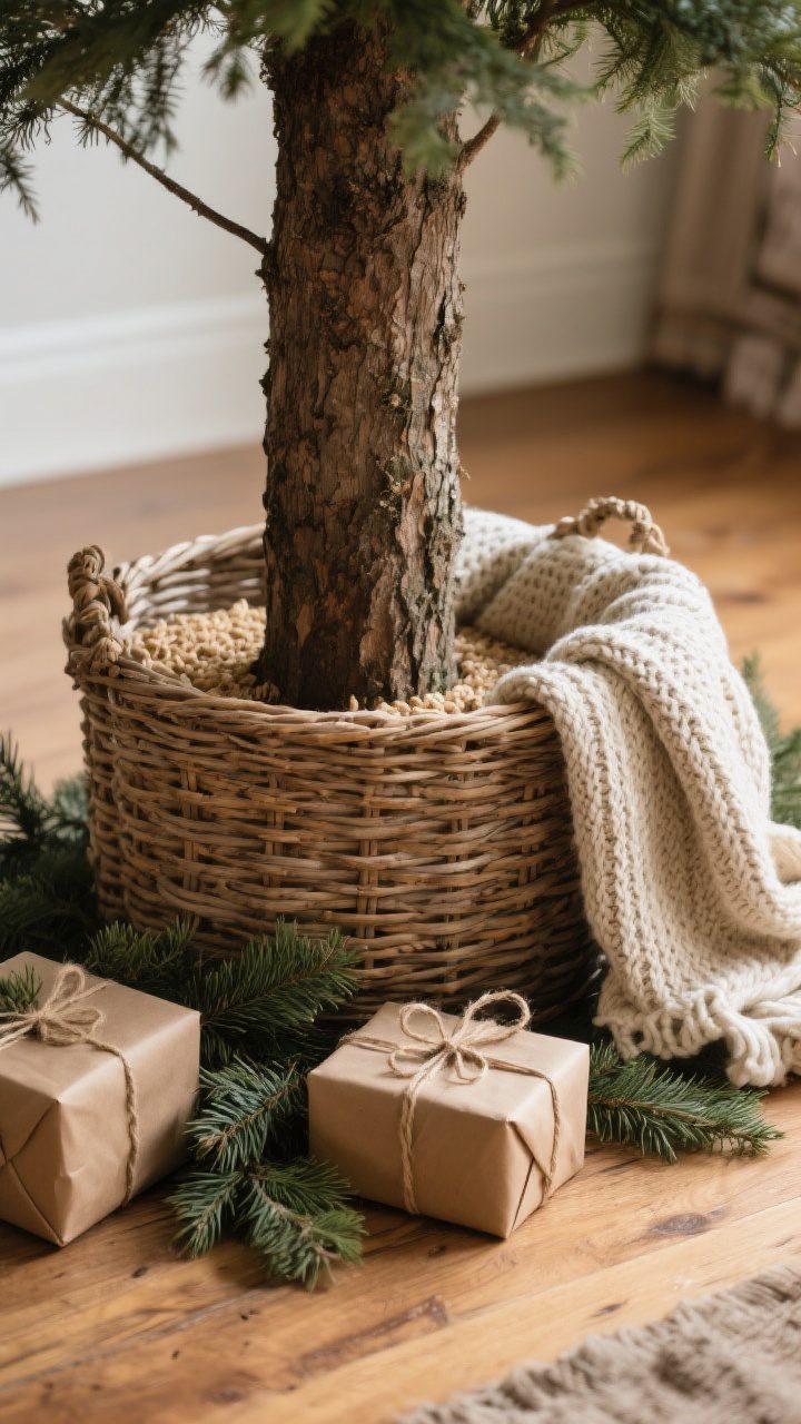 Medium shot of the tree base styled in farmhouse fashion: a woven basket/tree collar surrounding the trunk; alternatives visible nearby or subtly included—folded grain sack or canvas skirt, a chunky knit throw texture; wrapped gifts in kraft paper with twine and sprigs of evergreen arranged around; warm wood floor; gentle warm lighting; low, slightly angled perspective to emphasize texture and structure at the base.