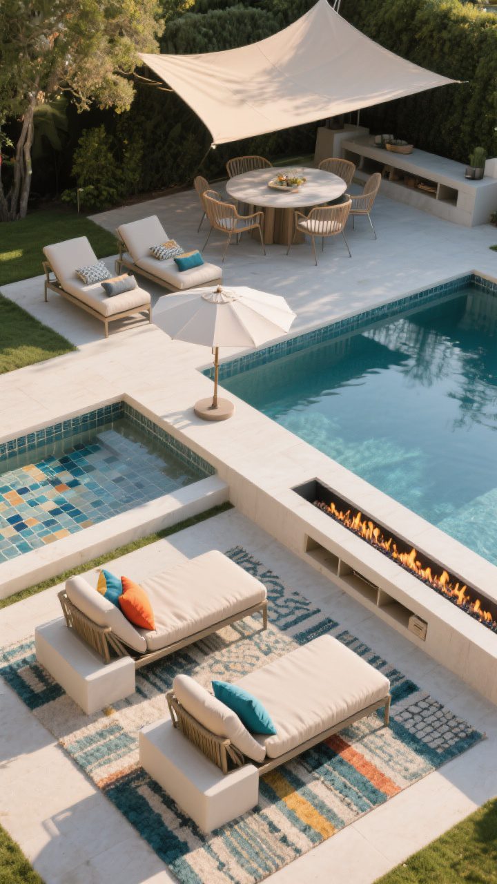 Medium shot, overhead angle: Layered lounge zones around the pool. A sun shelf with two ledge loungers and a centered umbrella sleeve; nearby, a pair of double chaises/daybeds on a raised platform with neutral cushions and bold, color-blocked pillows echoing pool tile hues. A dining nook with a round table and sling chairs tucked under a light shade sail, and a linear gas fire feature aligned parallel to the pool edge for an editorial look. Outdoor rugs anchor each zone; modular furniture with hidden storage visible as clean-lined bases. Late-afternoon light, photorealistic.