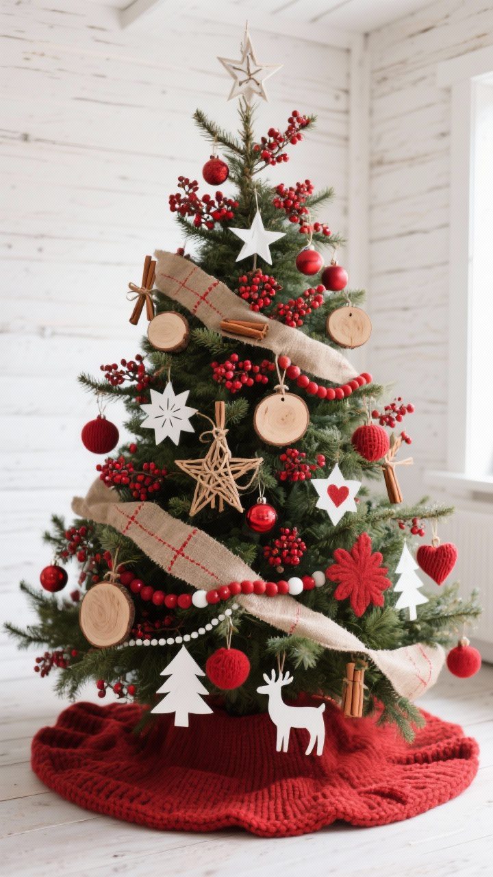 Medium shot: rustic red, Nordic-inspired Christmas tree styling. Tuck 12–20 red berry sprays from top to bottom for organic color spots. Mix natural textures: wood slice ornaments, cinnamon sticks tied with twine, woven star ornaments, and red felt or knit ornaments. Run a burlap or linen ribbon with a subtle red stitch detail. Add white or kraft paper stars, simple red-and-white Scandi shapes (hearts, trees, reindeer), and a red-and-white wooden bead garland. Finish with a matte red tree collar or a chunky knit cranberry tree skirt. Soft, warm white lighting for a cozy cabin mood, captured straight-on for balanced composition.