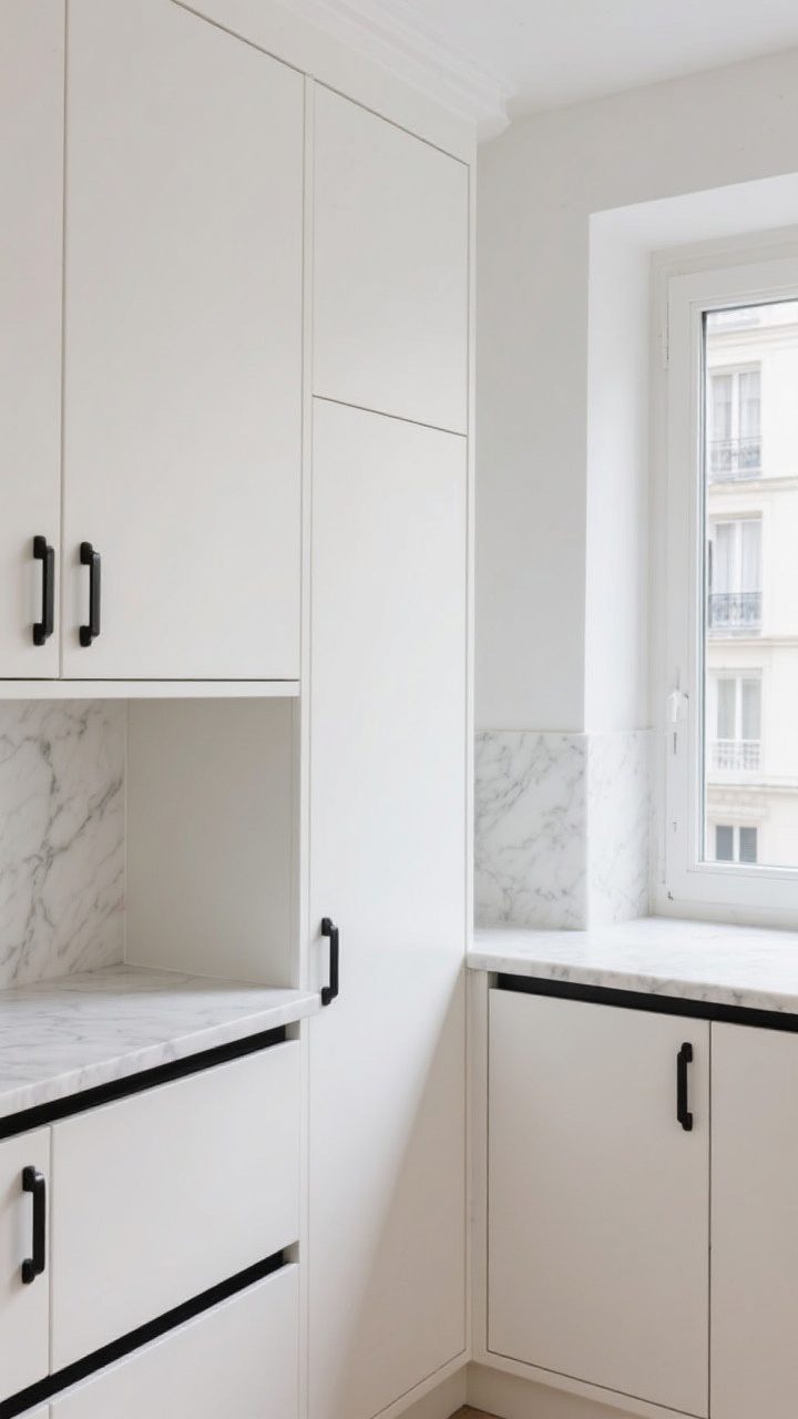Medium shot: White shaker and flat-front cabinets with slim black edge banding/frames and matching matte black cabinet pulls; minimalist Paris-apartment vibe, clean white quartz countertops with faint veining; soft natural light from a nearby window; focus on the black trim defining door profiles, cohesive hardware color, and restrained graphic contrast; slight corner angle to show depth.