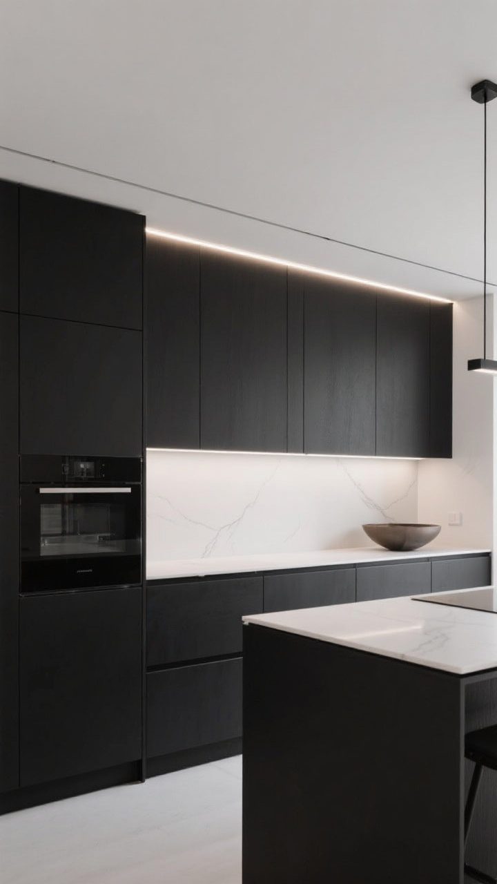 Medium straight-on shot: Sleek flat-front minimalist cabinets—slab doors in jet black and crisp white with integrated pulls or touch-latch for a seamless facade; thin-profile countertop for a Euro vibe; hidden appliances, minimal decor (one sculptural bowl); continuous LED strip lighting under uppers creating a soft, even glow; fingerprint-resistant black laminate finish visible.