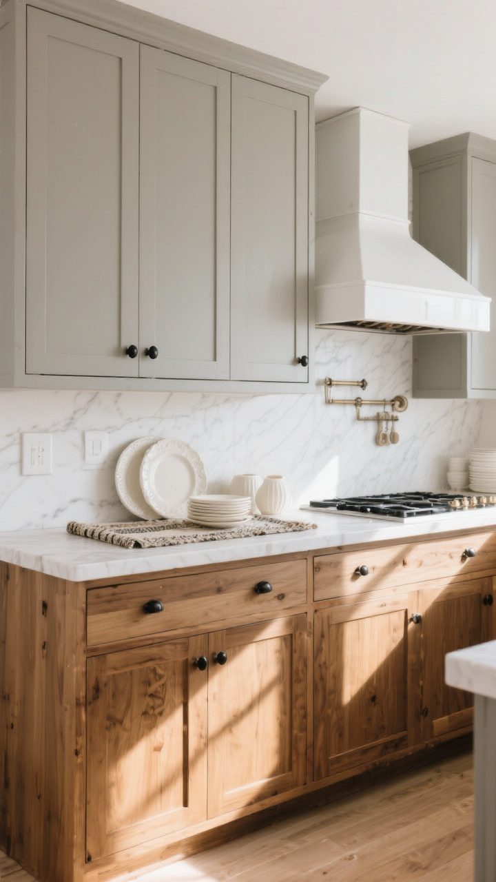 Medium, straight-on view of two-tone cabinetry: warm oak lower cabinets paired with greige painted uppers, white quartz counters, simple black knobs, and a soft white ceramic range hood; include a subtle antique runner and a few ivory dish pieces on the counter; natural morning light with gentle shadows; modern farmhouse vibe—balanced, calm, and fashion-forward.