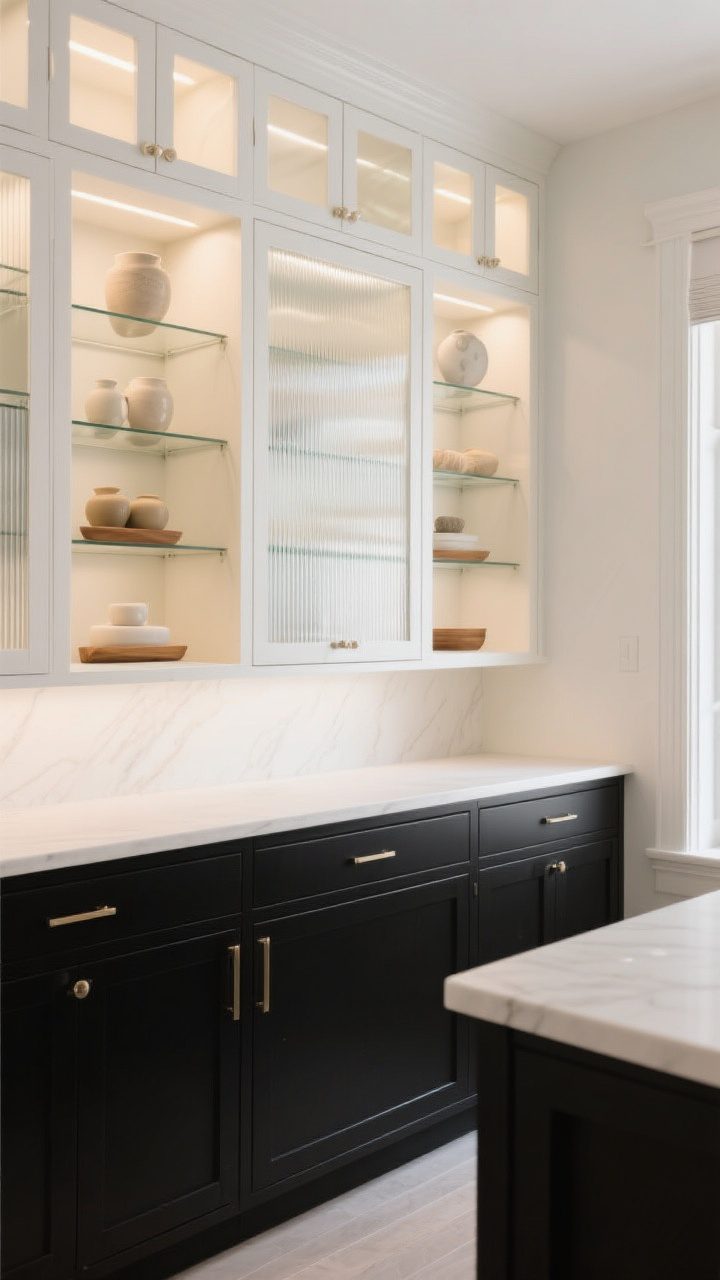 Medium-wide shot: Classic mix—solid black lower cabinets paired with white uppers featuring glass fronts; combination of clear and ribbed/frosted glass to vary transparency; shelves styled with neutral ceramics and subtle wood accents; in-cabinet lighting creating a boutique glow; bright yet warm ambience, white counters tying the elements together; slight corner perspective to show depth of glass-front uppers.