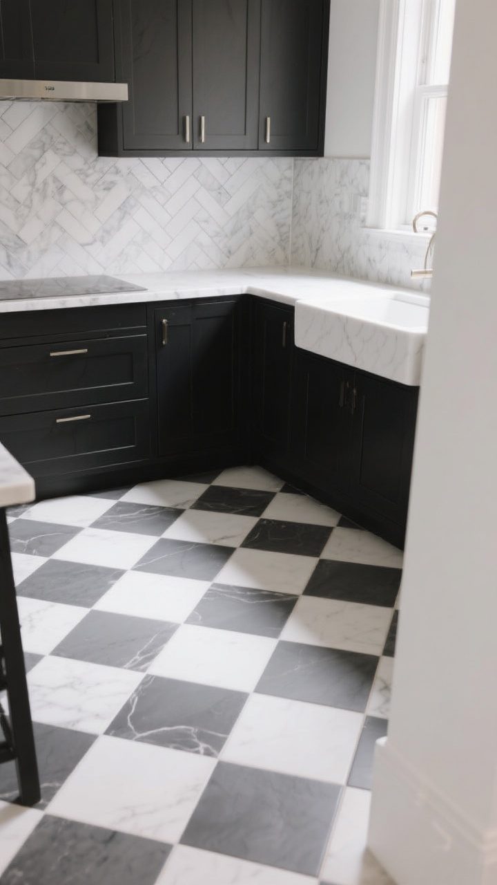 Overhead and partial room angle: Checkerboard kitchen floor in off-white and charcoal tiles leading to black-and-white cabinets; single hero pattern treatment with a medium-scale geometric tile or a herringbone marble backsplash option shown in the background, but only one pattern emphasized; light grout on white tiles, charcoal on black elements for clean lines; balanced natural light; camera positioned from a corner to showcase the floor as focal.