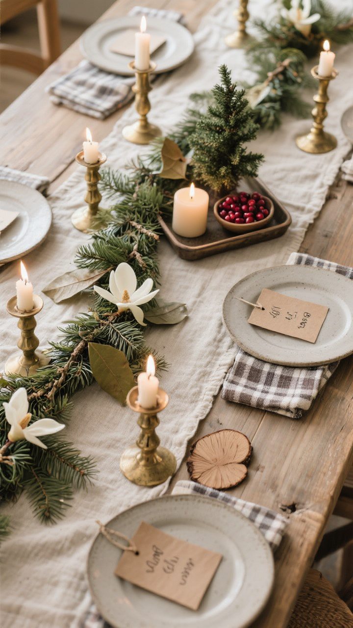 Overhead detail shot of a cozy farmhouse tablescape: a linen runner topped with a natural garland of clipped pine and magnolia leaves running down the center. Layer neutral stoneware plates with a subtle matte finish, plaid napkins, and small kraft-paper or wood-slice name tags. Cluster vintage brass candlesticks for a warm, old-soul glow. Keep tones soft and muted, with candlelit ambiance and visible textures in linen and greenery. For a small-table variant, show a tray vignette with a mini tree, a candle, and a dish of cranberries.