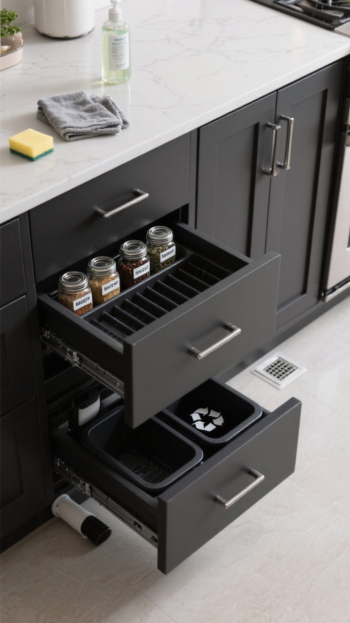 Overhead shot: An organized black kitchen drawer system open to reveal tray dividers, a spice pull-out with labeled jars, and a dual trash/recycling drawer; soft-close hardware visible. Nearby on the counter: a microfiber cloth, mild cleaner bottle, and a magic eraser. Include a toe-kick vacuum port at the base of the cabinets and sleek handles on high-touch doors to reduce fingerprints.