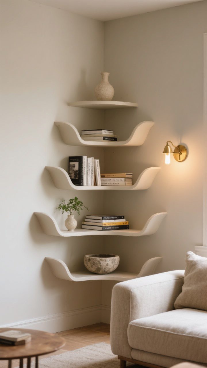 Photorealistic corner-angle medium shot of stacked floating corner shelves transforming an awkward living room corner into a cozy vignette; triangular shelves with gently curved fronts; balanced styling: heavier coffee table books and a stone bowl on the lower shelf, lighter decor like a small plant and a delicate vase up top; a nearby brass sconce casting a warm cone of light to spotlight the corner; soft textures and an inviting mood.