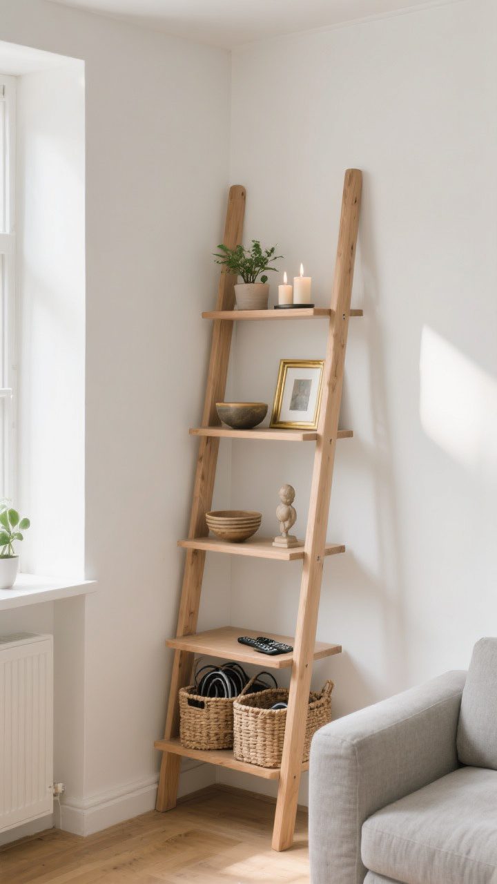 Photorealistic corner medium shot of a tall leaning ladder shelf in a small apartment nook beside a light-gray sofa; narrow footprint with tiered shelves: top tier holding a small plant and a pair of candles, middle tiers with decorative bowls, a brass picture frame, and a tiny sculpture, lower tiers with woven baskets hiding cords and remotes; casual, cozy atmosphere; warm afternoon light; clean white walls, light oak ladder shelf, easy-to-move vibe.