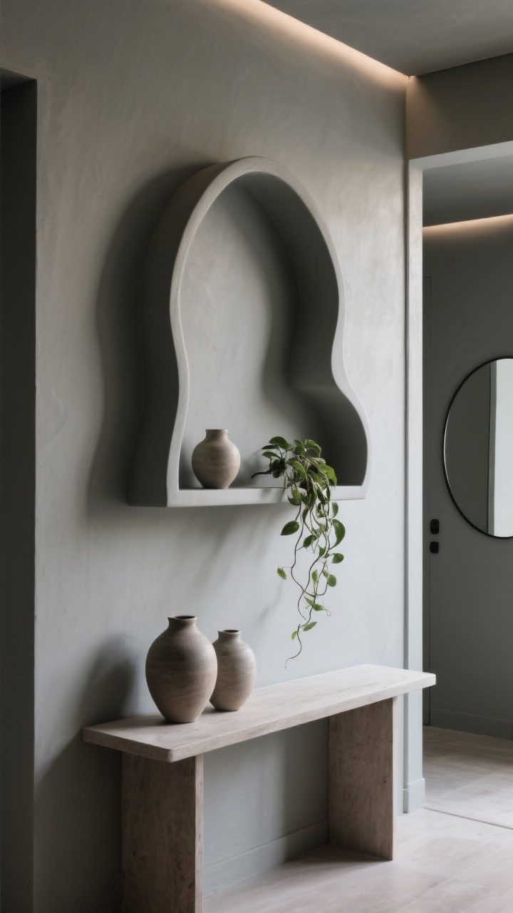 Photorealistic medium shot of a sculptural wall shelf above a console in an entryway, featuring an arched and asymmetrical silhouette painted the same color as the wall for a monotone, custom effect; minimal styling: two artisan matte-ceramic pieces and a single trailing plant that echoes the curves; complementary shapes in the room like a round mirror nearby; dramatic but soft directional lighting highlighting contours; strong focal-point energy.