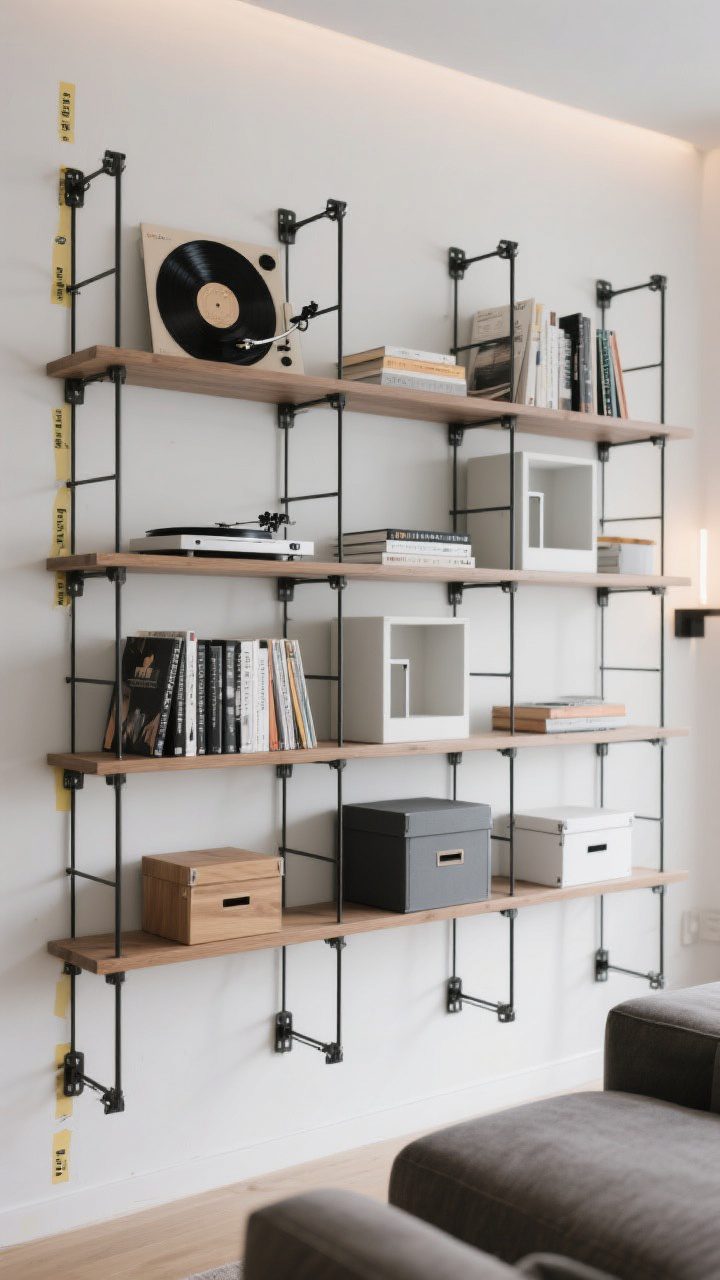 Photorealistic straight-on wide shot of a modular shelving grid system mounted on a living room wall, showing adjustable brackets and shelves arranged in a balanced grid; a mix of open shelves and a couple of small cubbies with doors; items styled within a cohesive color palette of black, white, and oak: vinyl records, a turntable on one shelf, neatly arranged books, a few storage boxes; painter’s tape marks faintly visible on the wall edges as a planning detail; architectural, future-proof look; even ambient lighting.