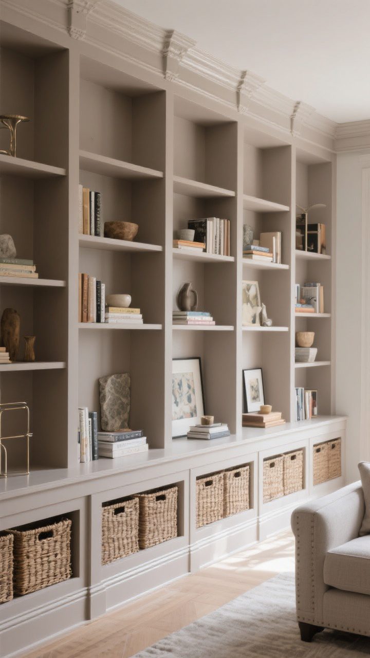 Photorealistic wide shot of a living room wall featuring faux built-in shelves made from combined ready-made bookcases with added crown molding, baseboards, and MDF filler strips for a seamless, floor-to-ceiling look; everything painted satin in the same soothing taupe as the wall; secured flush alignment; styling with baskets along the bottom row for hidden storage, lighter items at eye level, alternating books, art, and objects; repeated materials—wood, stone, metal—for cohesion; bright daylight enhances the high-end finish.