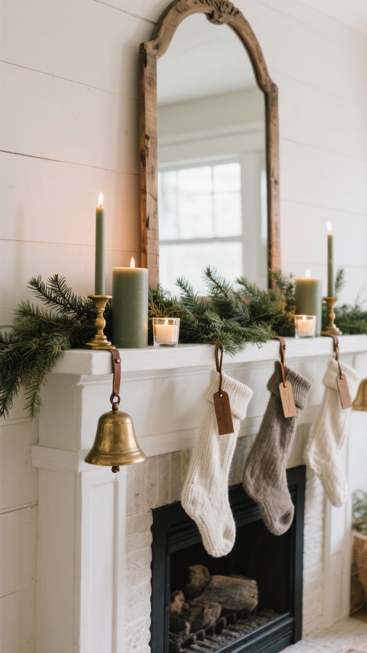 Straight-on medium shot of a farmhouse mantel styled with simple layers: a vintage mirror or arched wood frame as the foundation piece, a lush cedar garland across the mantel, and staggered candle heights—matte pillar candles, slender tapers, and small votives. Linen or knit stockings hang with leather loops and wooden tags. Two brass bells anchor one end for intentional asymmetry. Color palette: cream, taupe, antique gold, charcoal, plus one accent color such as sage. Warm candlelight adds a curated, calm atmosphere.
